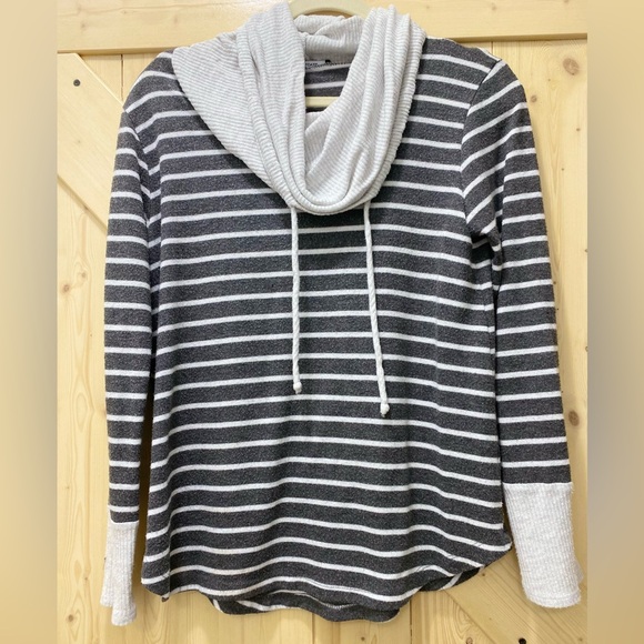 Pink Clover Sweaters - ❤️‍🔥❤️‍🔥Pink Clover Charcoal & Cream Striped Cowl Neck Drawstring Sweat Shirt